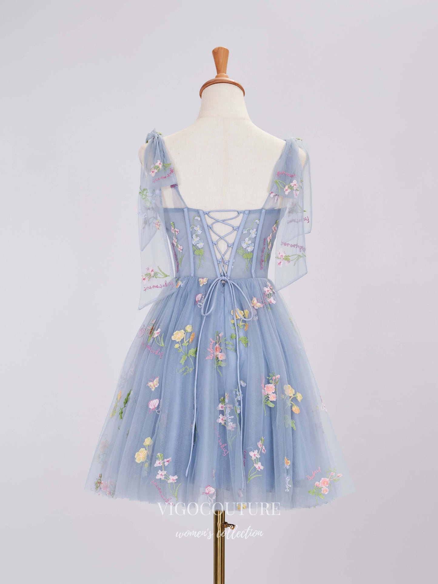 Short Prom Dresses 2025 Dusty Blue Floral Lace Homecoming Dresses Spaghetti Strap Graduation Dress hc443-Prom Dresses-vigocouture-vigocouture