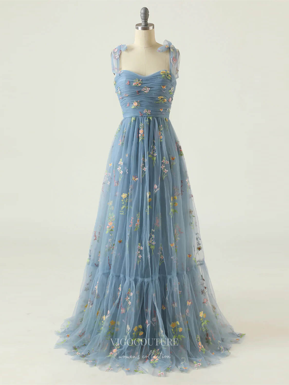 Dusty Blue Lace Applique Floral Prom Dresses Bow Tie Spaghetti Strap 2 vigocouture Dusty Blue Lace Applique Floral Prom Dresses Bow Tie Spaghetti Strap 2 vigocouture