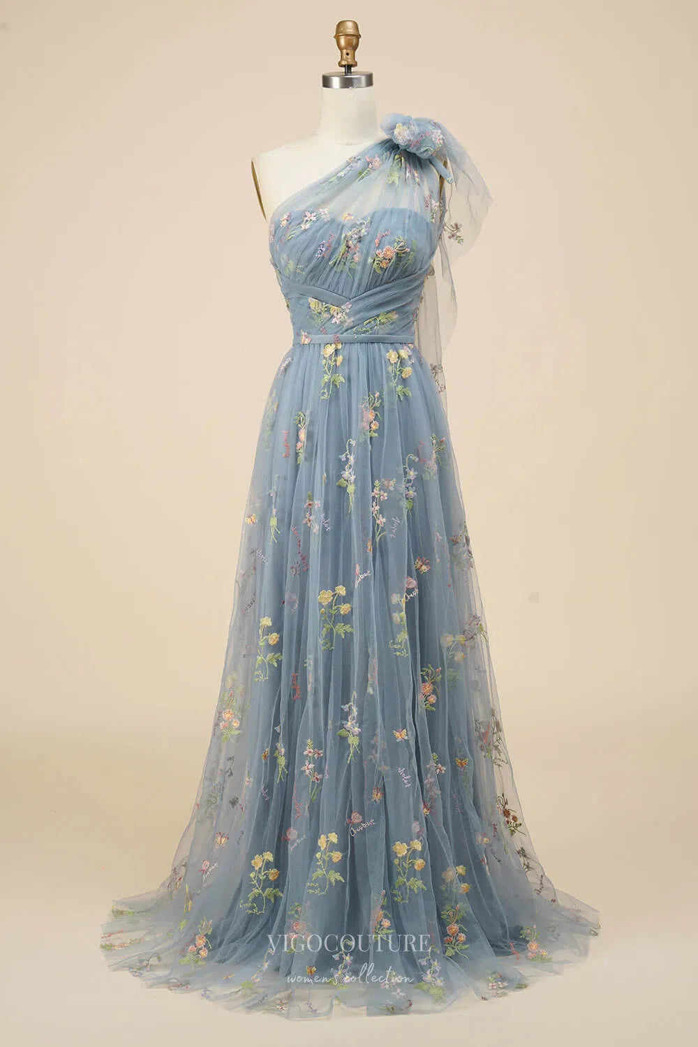 Dusty Blue Lace Applique Prom Dresses Bow Tie One Shoulder 24461 Custom Colors / US8 Dusty Blue Lace Applique Prom Dresses Bow Tie One Shoulder 24461 Custom Colors / US8
