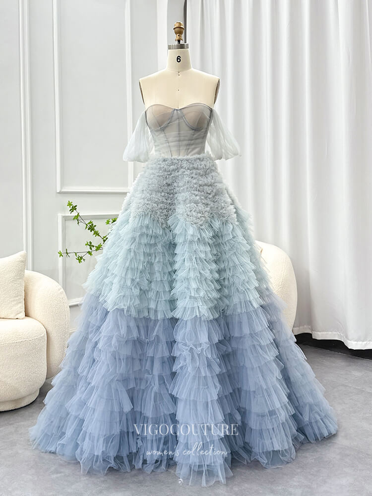 Dusty Blue Ruffled Tulle Prom Dresses Strapless Sheer Boned Bodice 24444 Dusty Blue / US16 Dusty Blue Ruffled Tulle Prom Dresses Strapless Sheer Boned Bodice 24444 Dusty Blue / US16