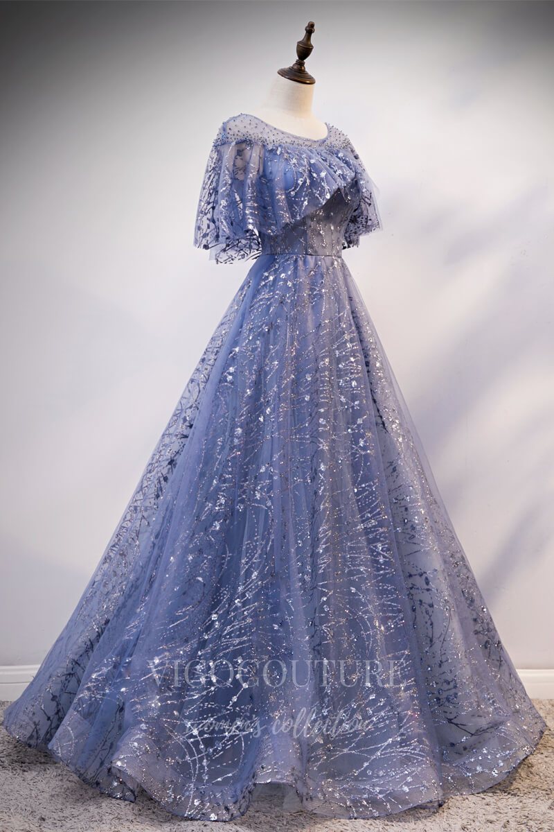 Dusty Blue Short Sleeve Sweet 16 Dresses Lace Applique Ball Gown 20477 vigocouture Dusty Blue Short Sleeve Sweet 16 Dresses Lace Applique Ball Gown 20477 vigocouture