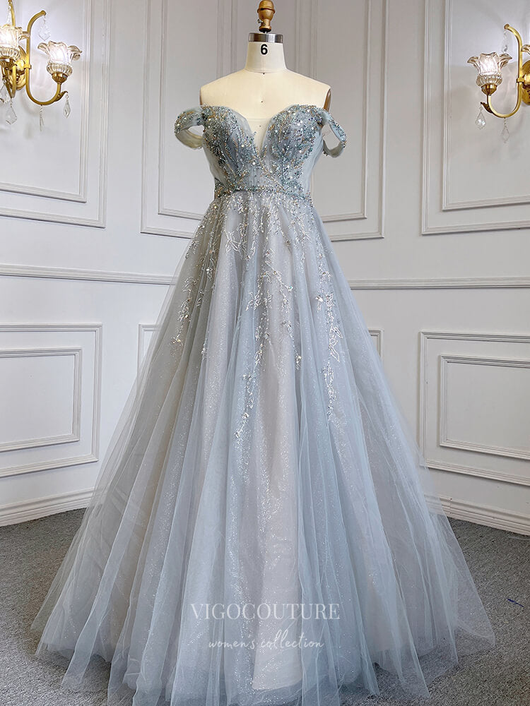 Dusty Blue Sparkly Tulle Prom Dresses Off the Shoulder Evening Dresses 22133 Dusty Blue / US12 Dusty Blue Sparkly Tulle Prom Dresses Off the Shoulder Evening Dresses 22133 Dusty Blue / US12