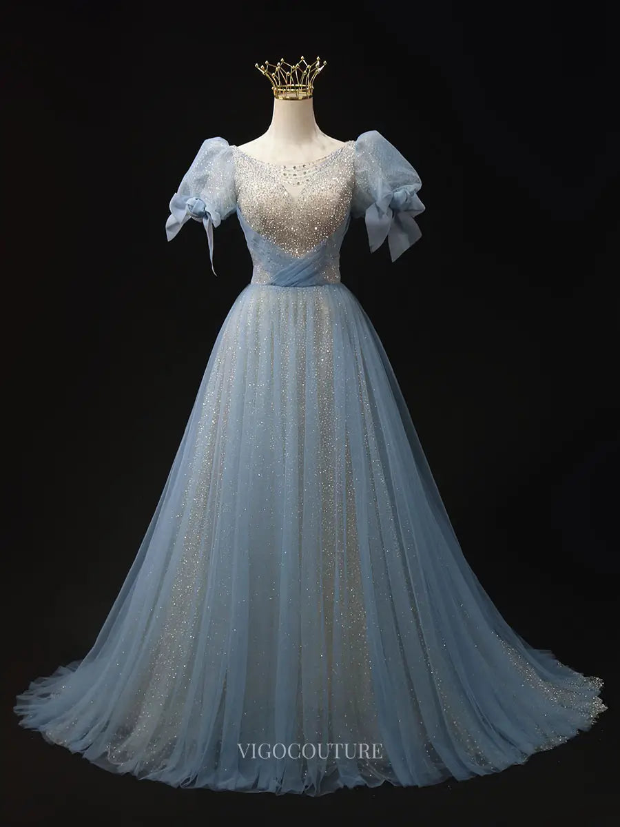 Dusty Blue Sparkly Tulle Prom Dresses with Puffed Sleeve, Formal Dresses SU012 Custom Colors / Custom Size Dusty Blue Sparkly Tulle Prom Dresses with Puffed Sleeve, Formal Dresses SU012 Custom Colors / Custom Size
