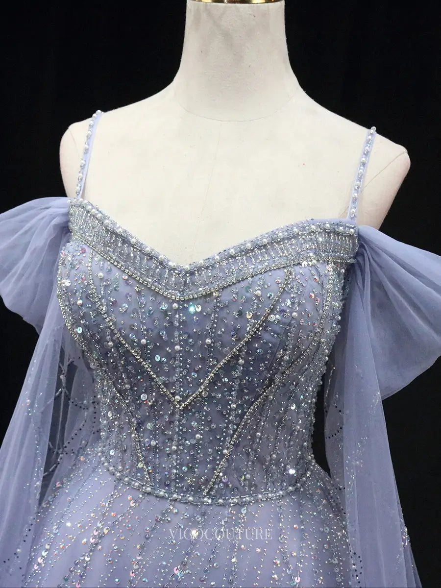 Prom Dresses 2025 to impress Dusty Blue Tulle Prom Dresses with Spaghetti Strap, Beaded Lace, Pageant Dresses SU049-vigocouture-vigocouture