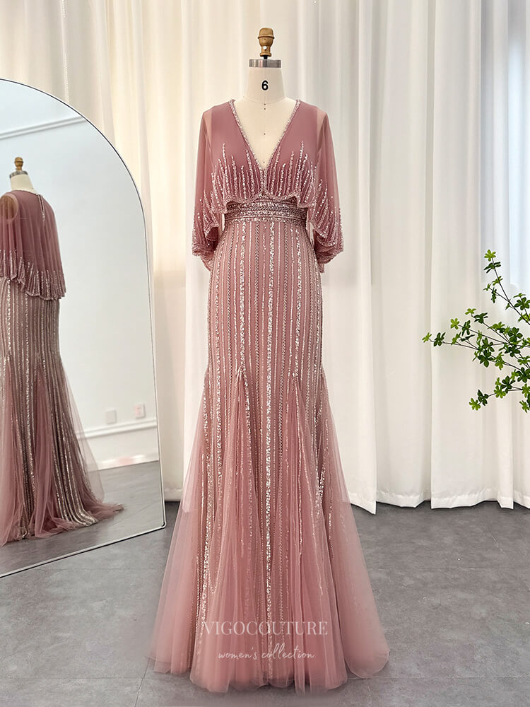 Dusty Pink Beaded Sheath Prom Dresses Cape Sleeve Mother of the Bride vigocouture Dusty Pink Beaded Sheath Prom Dresses Cape Sleeve Mother of the Bride vigocouture