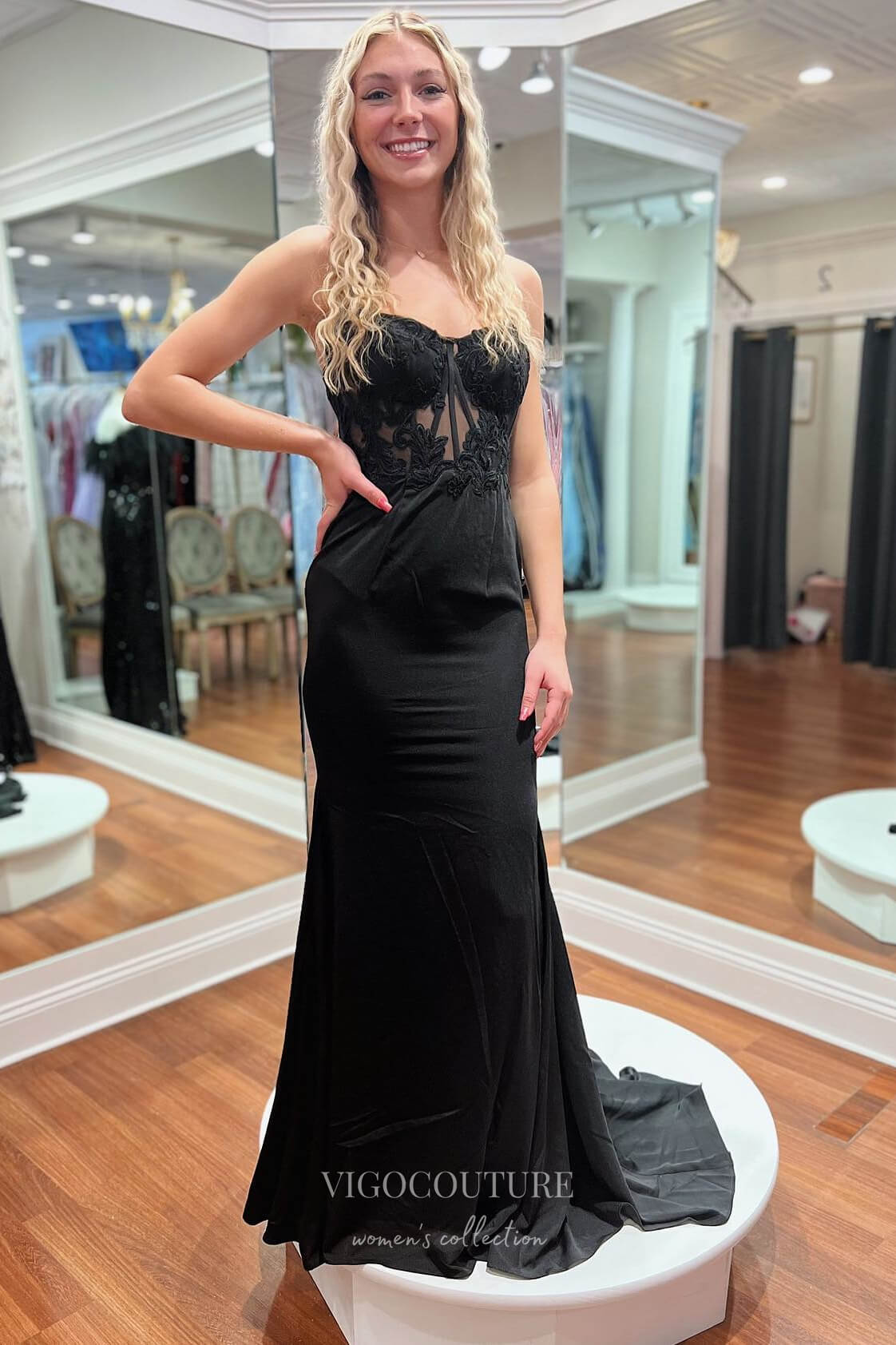 Elegant Black Lace Applique Spaghetti Strap Mermaid Prom Dress 22196 vigocouture Elegant Black Lace Applique Spaghetti Strap Mermaid Prom Dress 22196 vigocouture