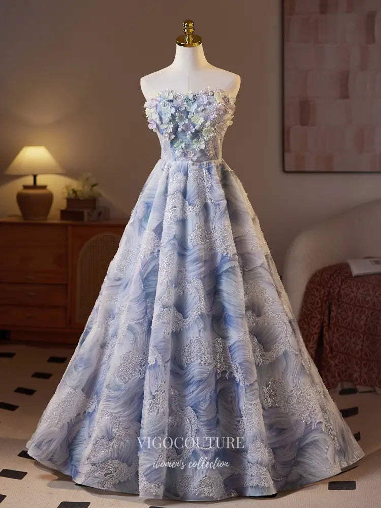 Elegant Blue Floral Strapless Prom Ball Gown – 3D Appliqué Lace Formal Dress