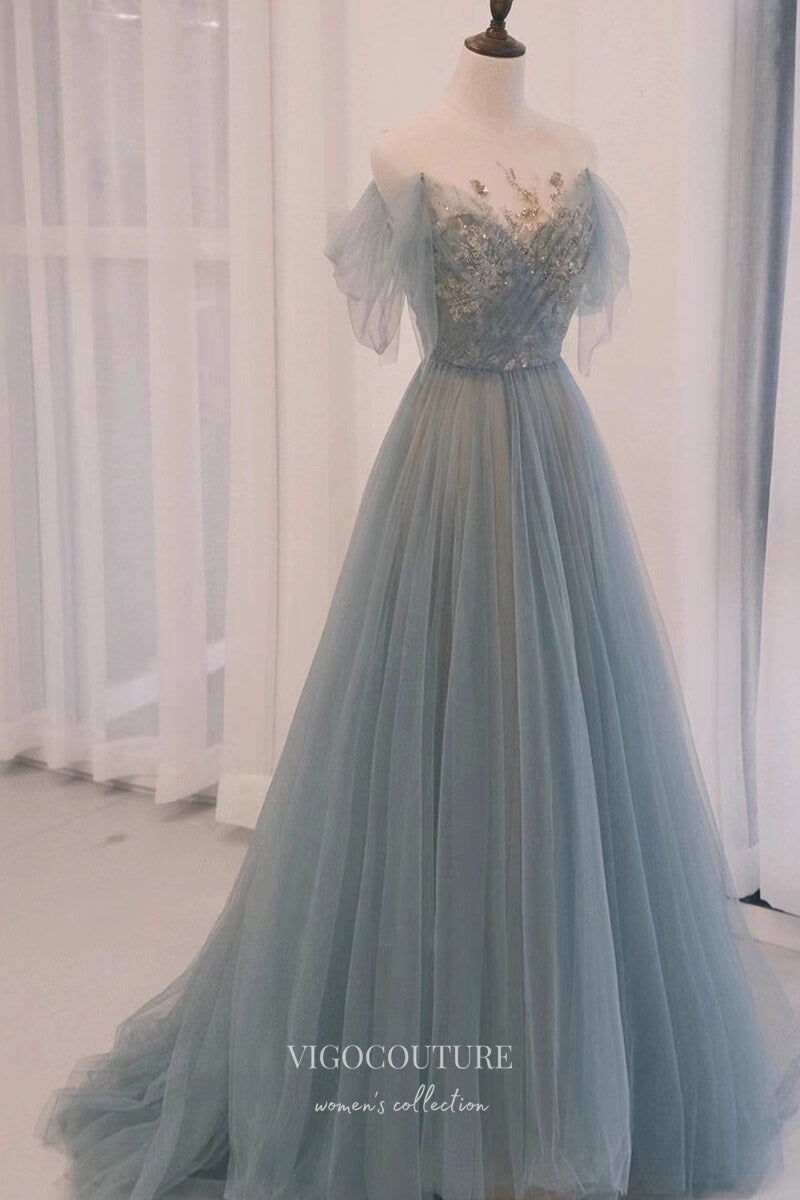 Elegant Dusty Blue Off the Shoulder Prom Dress with Sequin Lace Applique 22282 Custom Colors / US0 Elegant Dusty Blue Off the Shoulder Prom Dress with Sequin Lace Applique 22282 Custom Colors / US0