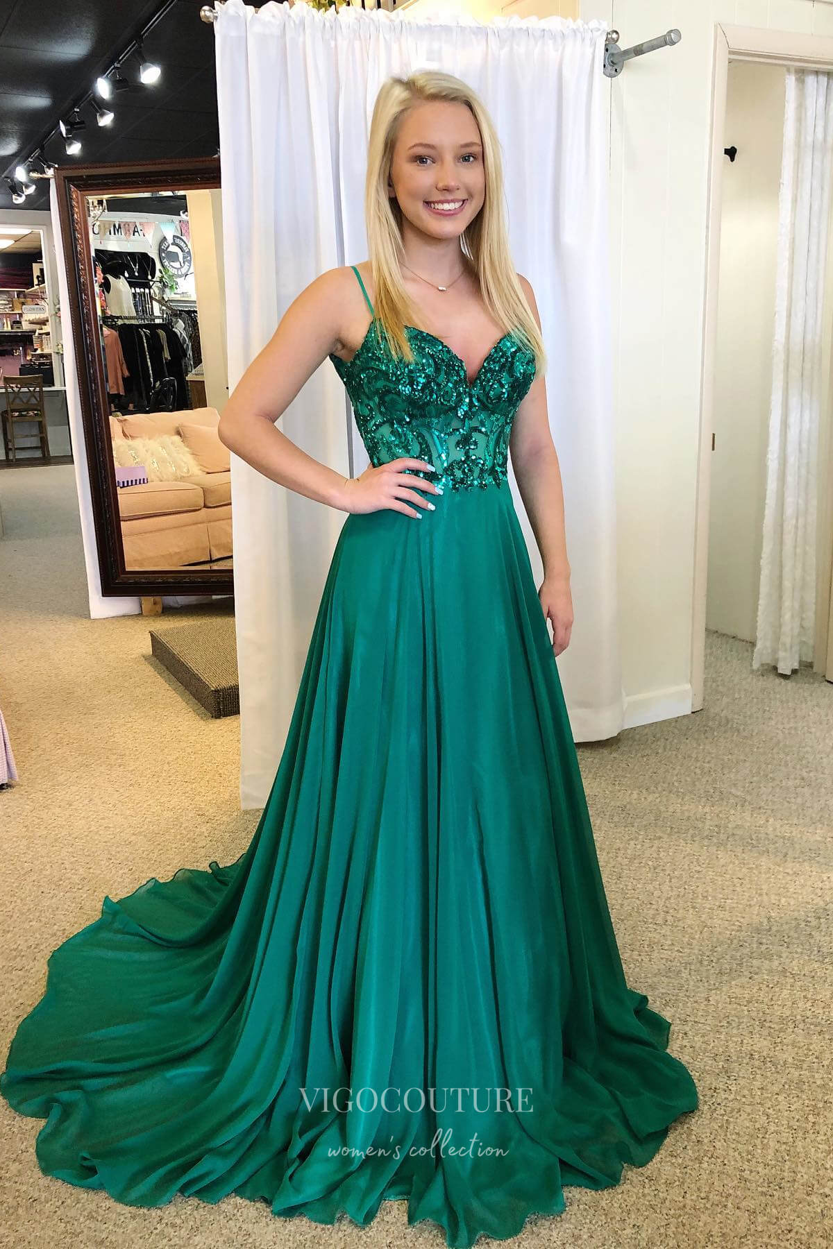 Elegant Green Spaghetti Strap Prom Dress with Sequin Bodice and Chiffo vigocouture Elegant Green Spaghetti Strap Prom Dress with Sequin Bodice and Chiffo vigocouture