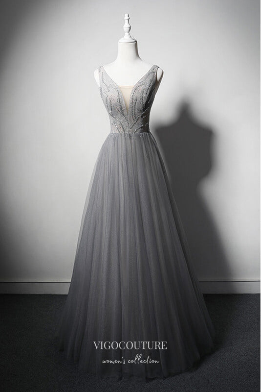 Elegant Grey Beaded Prom Dress with Plunging V-Neck 22378 – vigocouture Elegant Grey Beaded Prom Dress with Plunging V-Neck 22378 – vigocouture
