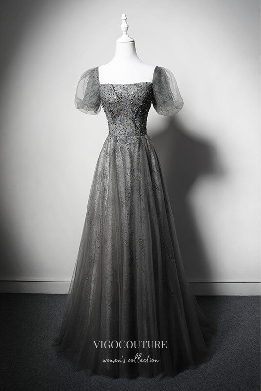 Elegant Grey Beaded Prom Dress with Puffed Sleeve 22377 – vigocouture