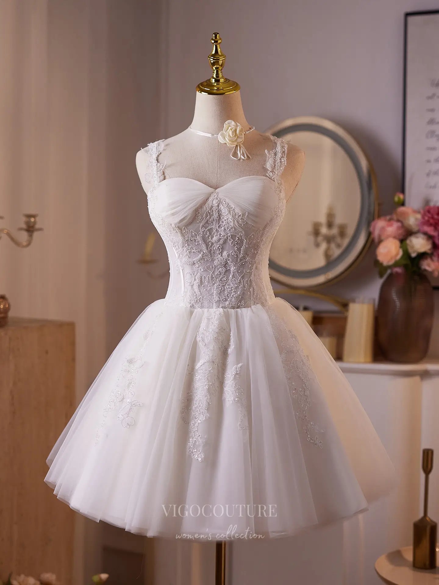 Elegant Ivory Lace Short Dress, Sweetheart Neckline – 26006 – vigocouture