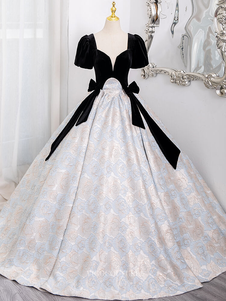 Elegant Jacquard Prom Dresses with Short Sleeve, Velvet Bodice, Quinceanera Dresses BG014 Black / Custom Size Elegant Jacquard Prom Dresses with Short Sleeve, Velvet Bodice, Quinceanera Dresses BG014 Black / Custom Size