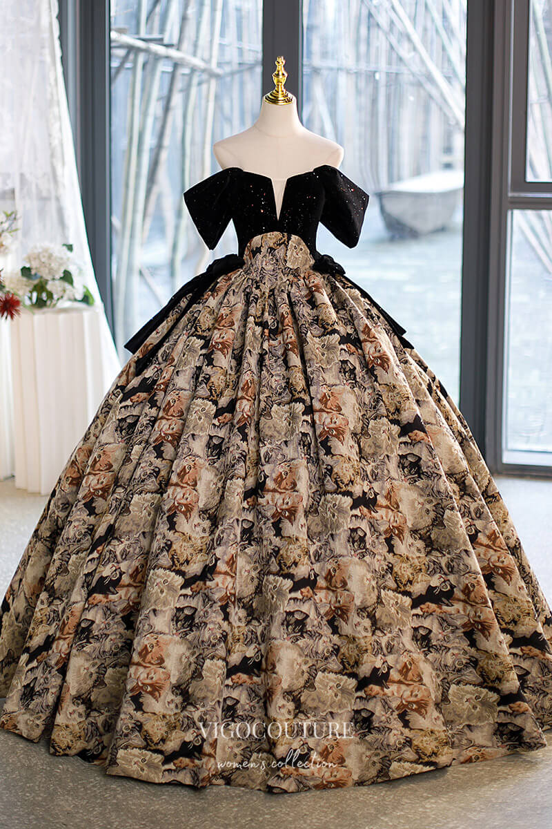 Elegant Kitty Print Satin Prom Dress with Removable Off-the-Shoulder D vigocouture Elegant Kitty Print Satin Prom Dress with Removable Off-the-Shoulder D vigocouture