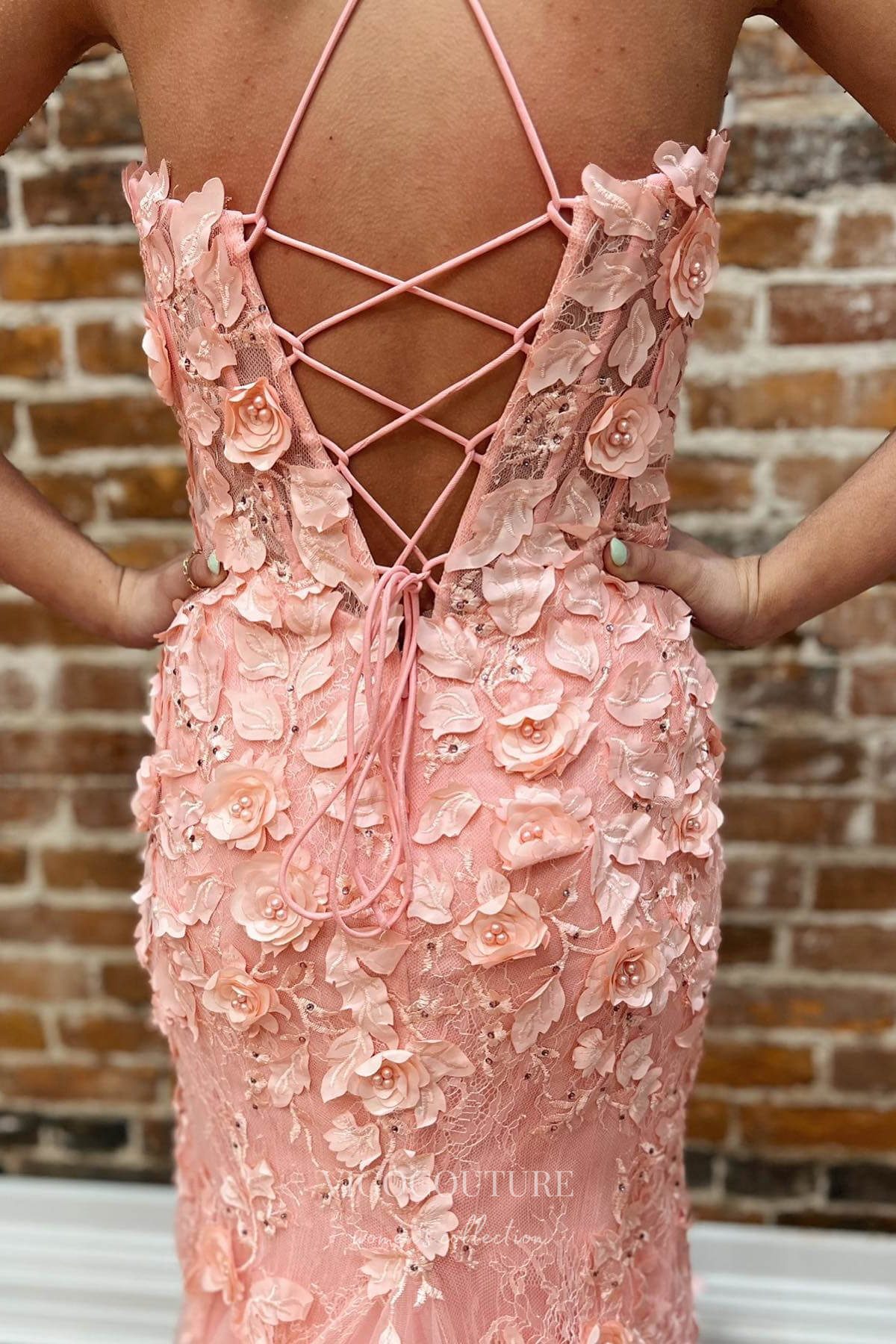 Prom Dress 2025 Elegant Pink Mermaid Prom Dress with Spaghetti Straps and 3D Flower Lace Applique 22195-unique elegant Prom Dresses-Pink-Custom Size-vigocouture