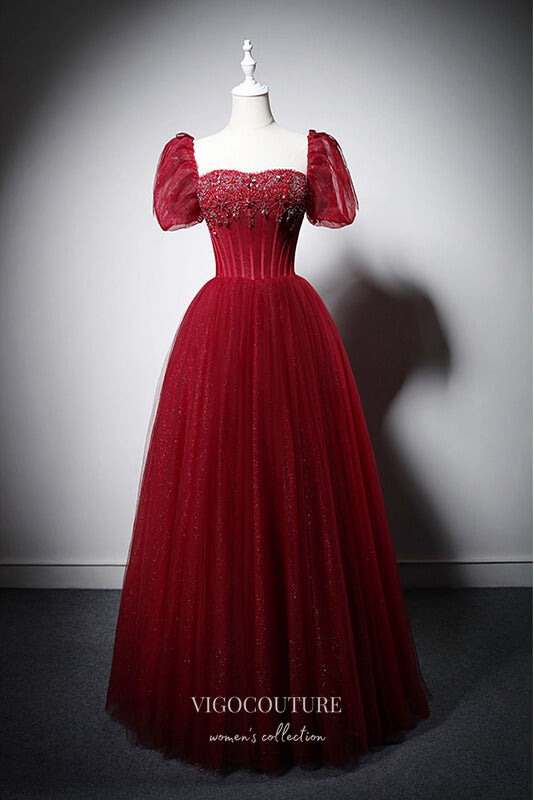 Elegant Red Beaded Prom Dresses with Puffed Sleeve 22365 vigocouture Elegant Red Beaded Prom Dresses with Puffed Sleeve 22365 vigocouture