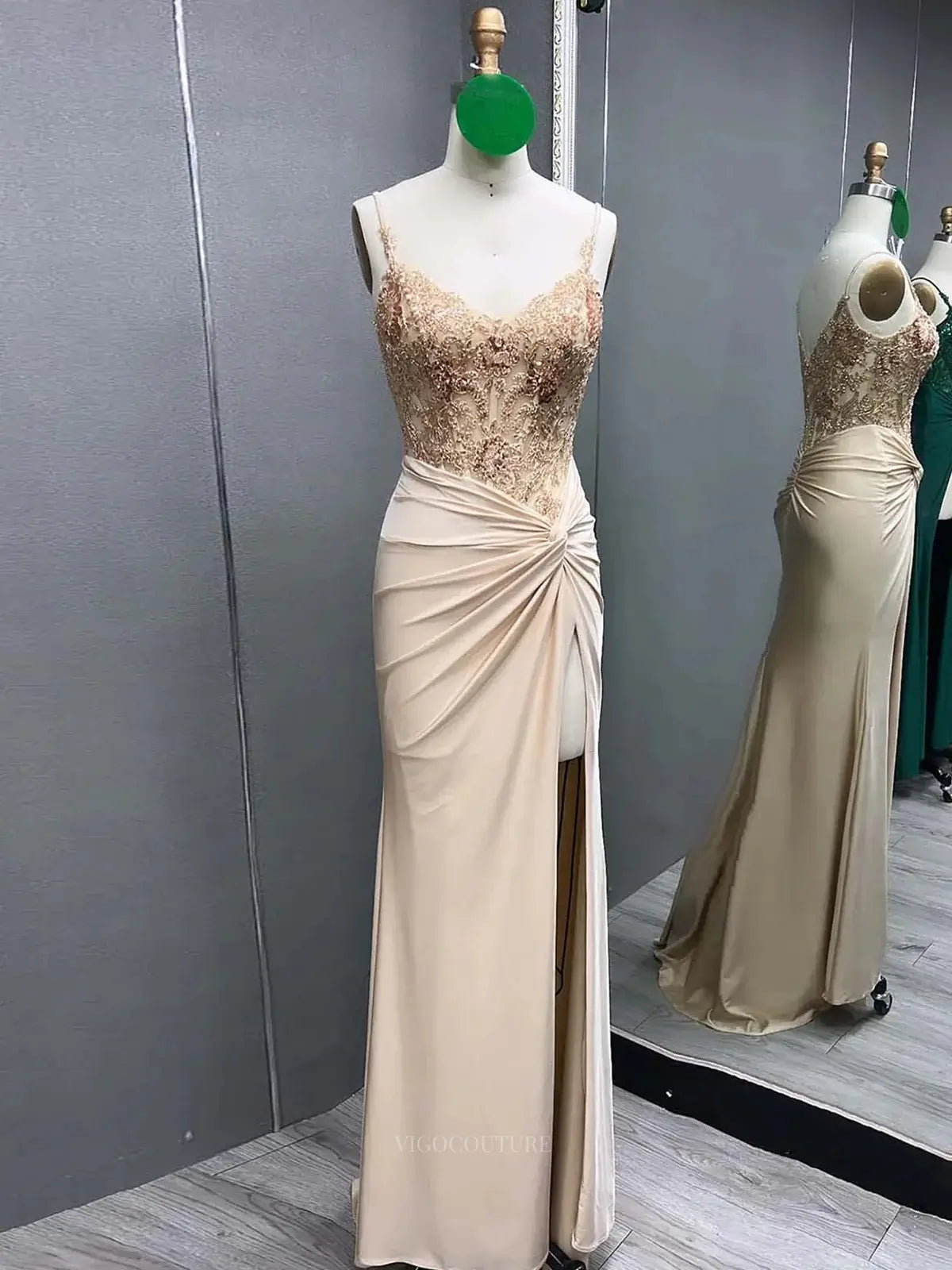 Prom Dresses 2025 to impress Elegant Satin Mermaid Prom Dresses 2025 High Slit Spaghetti Strap Lace Bodice – 25140-vigocouture-Champagne-Custom Size-vigocouture