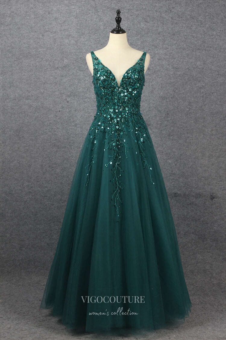 Emerald Green Beaded Prom Dresses Lace Applique Evening Dress 22131 vigocouture Emerald Green Beaded Prom Dresses Lace Applique Evening Dress 22131 vigocouture