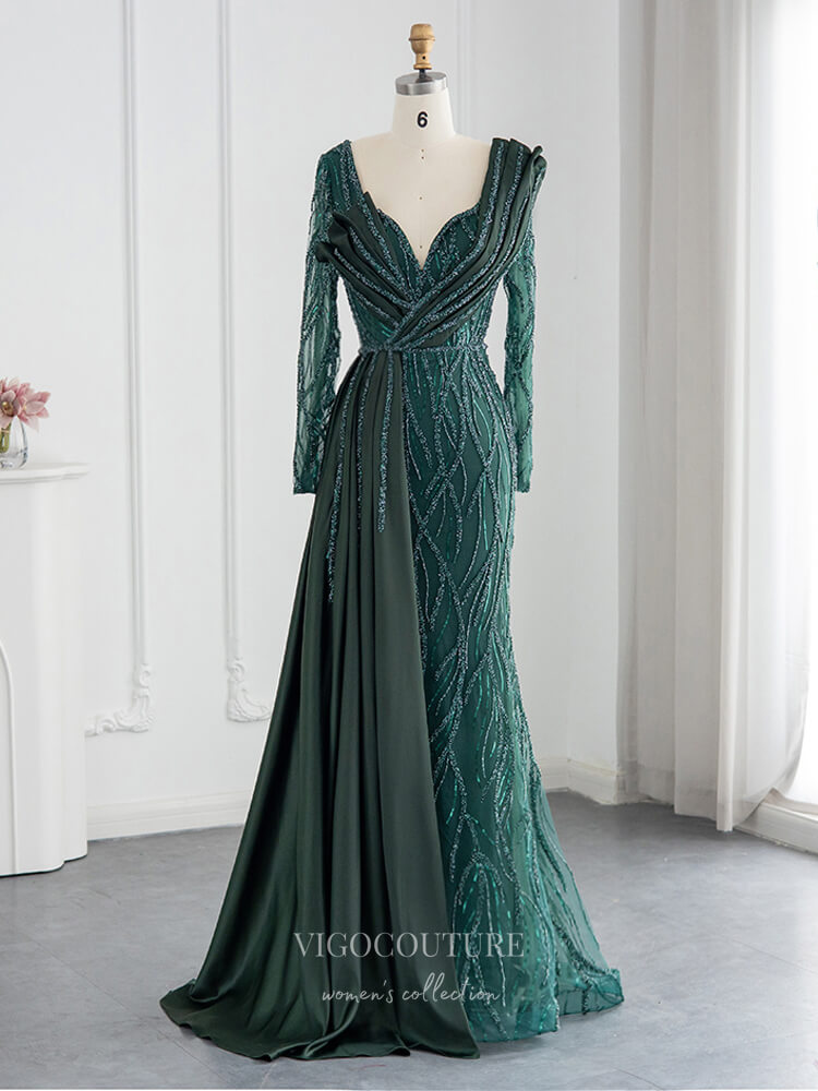 Emerald Green Beaded Prom Dresses Long Sleeve 1920s Evening Dress