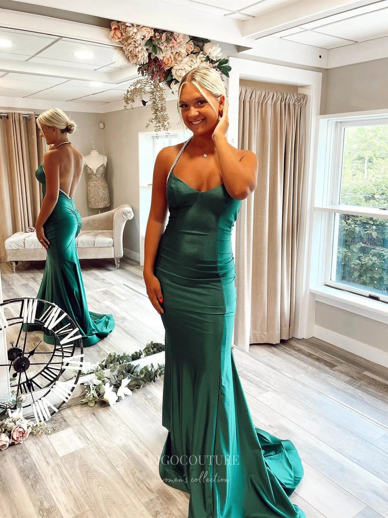 Emerald Green Mermaid Satin Cheap Prom Dresses Beaded Spaghetti Strap vigocouture Emerald Green Mermaid Satin Cheap Prom Dresses Beaded Spaghetti Strap vigocouture