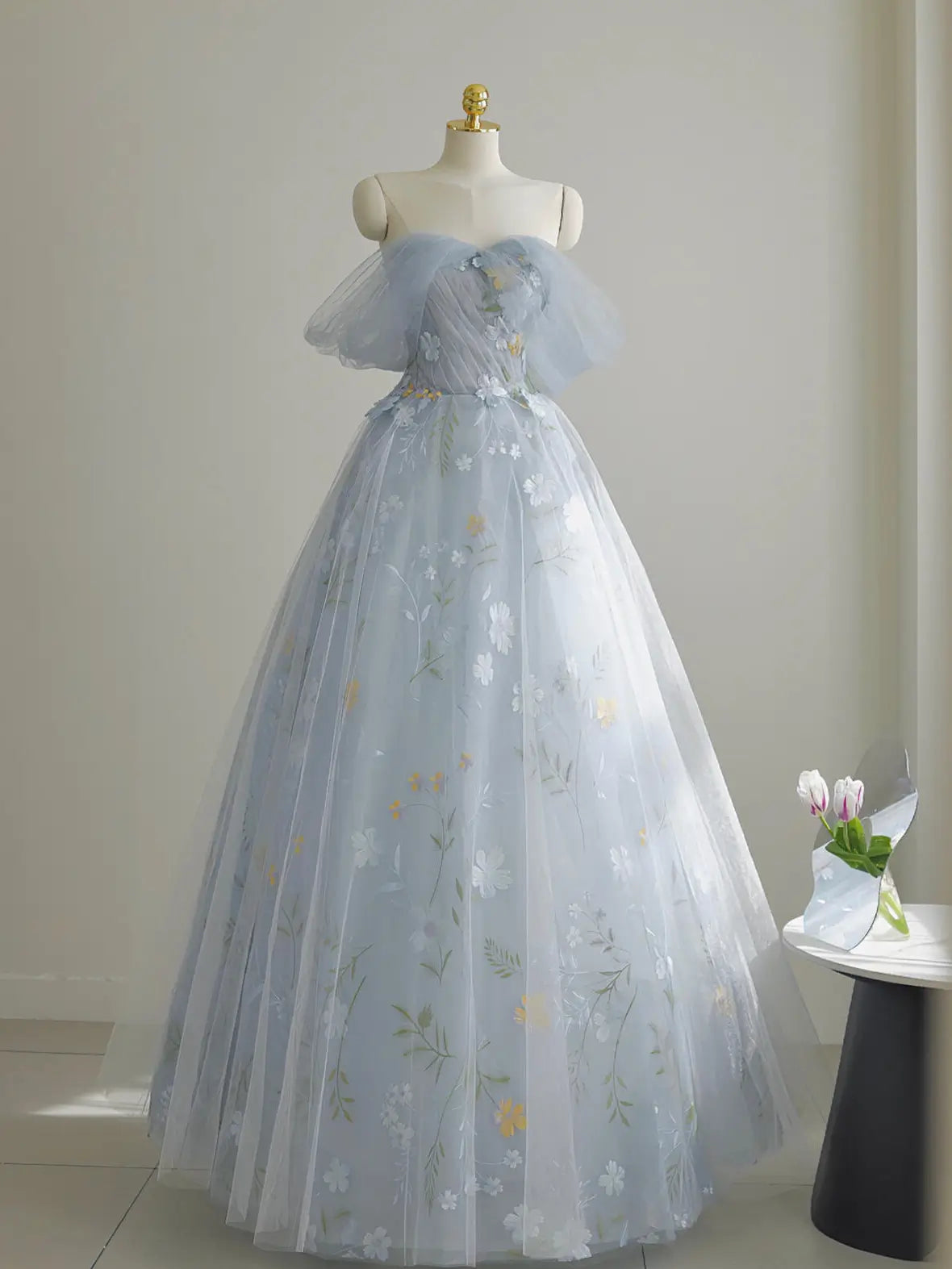 Beautiful Blue Tulle Flowers Long Prom Dresses, A-Line Off the Shoulder Evening Party Dress US 8 / Blue Beautiful Blue Tulle Flowers Long Prom Dresses, A-Line Off the Shoulder Evening Party Dress US 8 / Blue