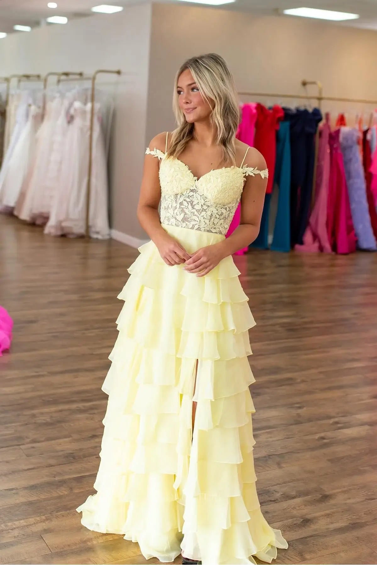 Yellow Chiffon Ruffle Prom Dress with Sheer Lace Bodice Slit 26167 – vigocouture
