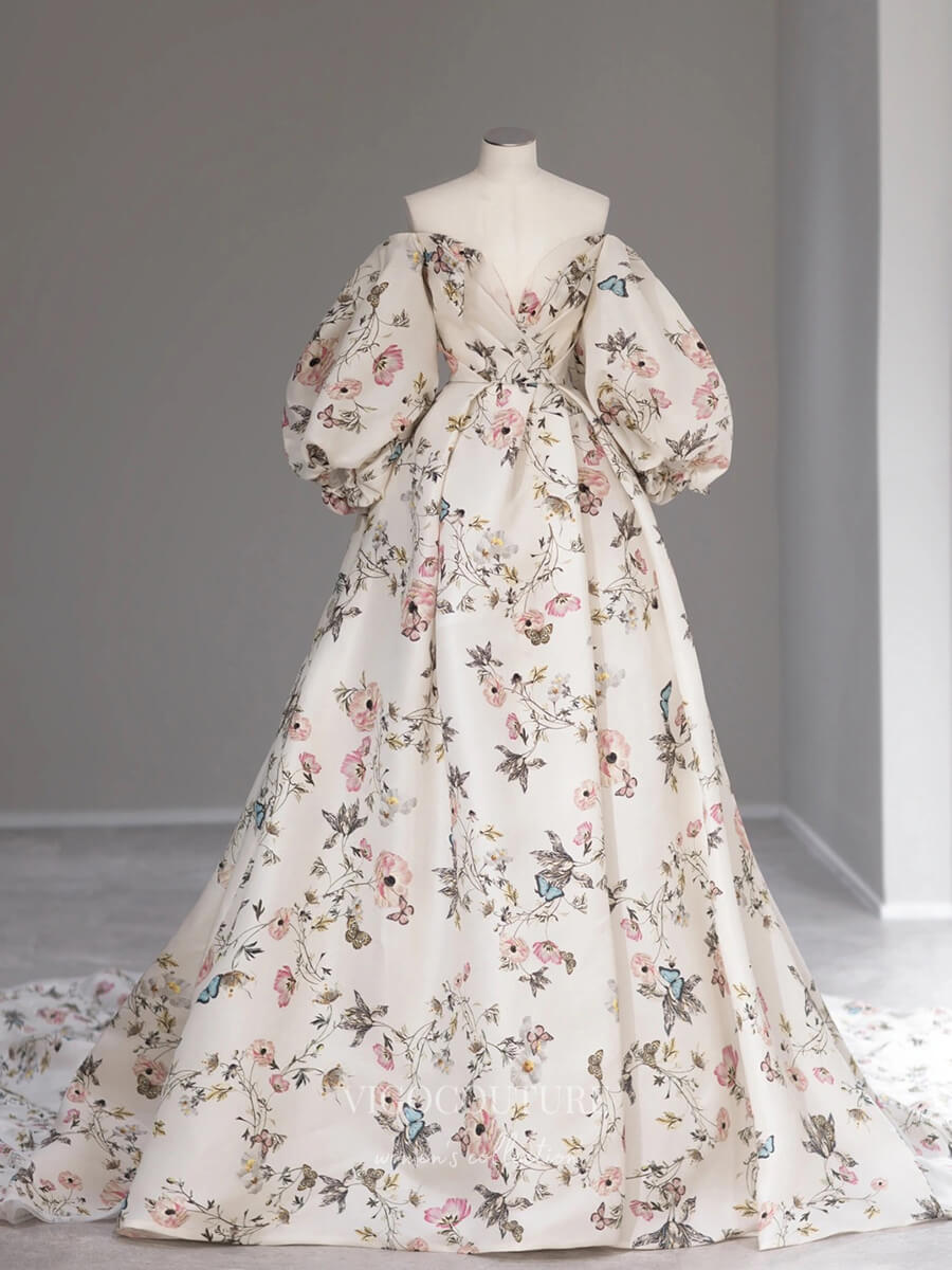 Floral Print Lace Prom Dresses with Chapel Train Puffed Sleeve Formal vigocouture Floral Print Lace Prom Dresses with Chapel Train Puffed Sleeve Formal vigocouture