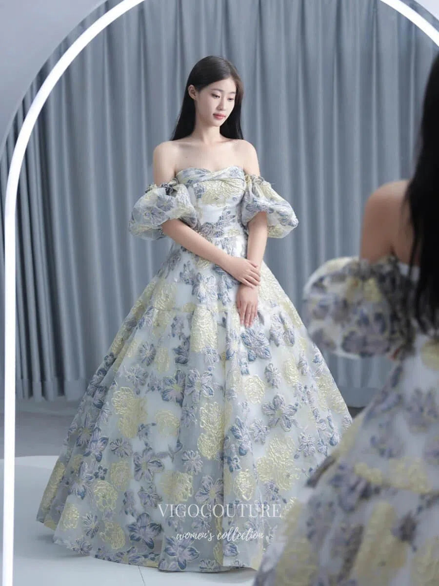 Floral Print Prom Dresses Puffed Sleeve Off the Shoulder Quinceanera D vigocouture Floral Print Prom Dresses Puffed Sleeve Off the Shoulder Quinceanera D vigocouture