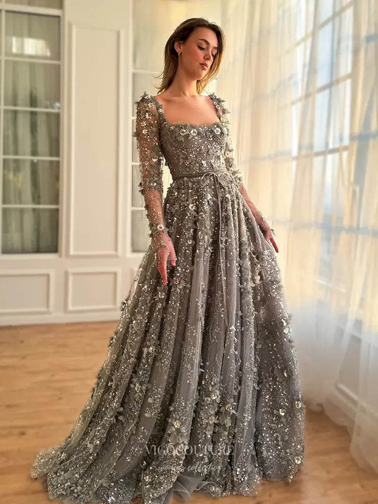 floral long sleeve prom dress Prom Dress with Long Sleeves and Floral Embroidery Burgundy Colored Court Train ARD2499