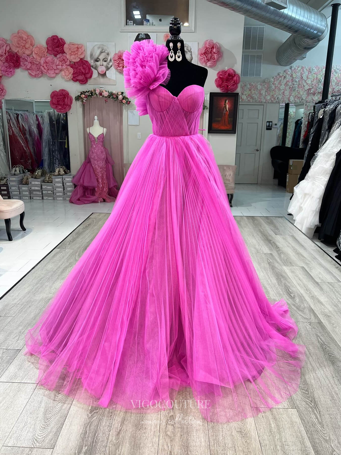 Fuchsia Ruffled One Shoulder Prom Dresses Pleated Tulle Frmal Gown 241 vigocouture Fuchsia Ruffled One Shoulder Prom Dresses Pleated Tulle Frmal Gown 241 vigocouture
