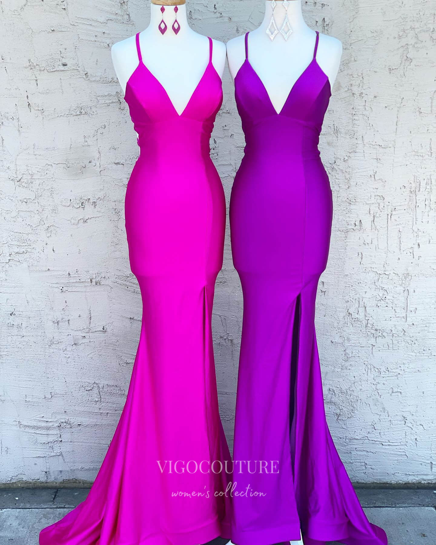 Fuchsia Satin Prom Dresses With Slit Mermaid V-Neck Evening Dress 2185 vigocouture Fuchsia Satin Prom Dresses With Slit Mermaid V-Neck Evening Dress 2185 vigocouture