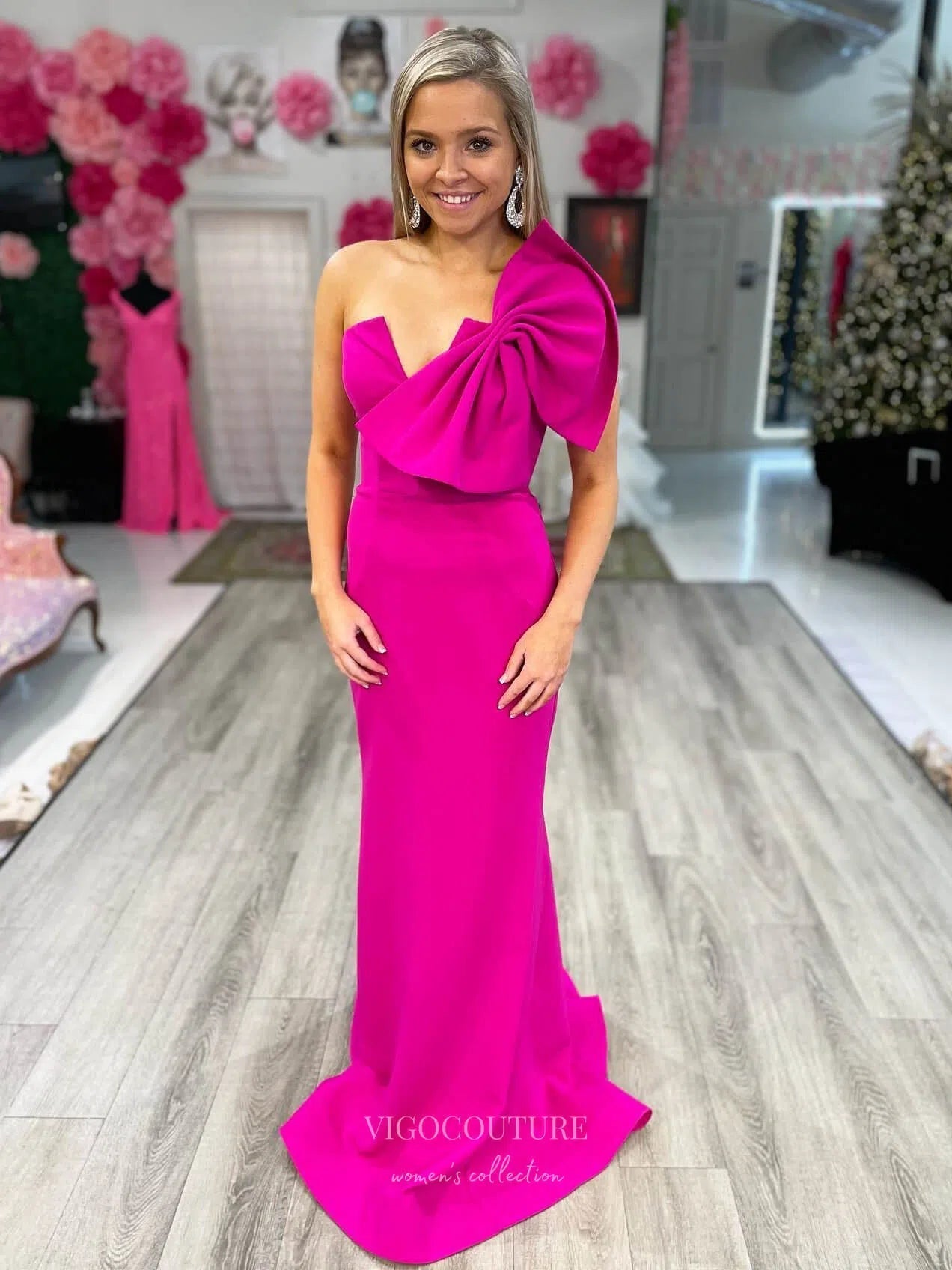 Fuchsia Strapless Bow Prom Dresses Satin Mermaid Evening Dress 24108 vigocouture Fuchsia Strapless Bow Prom Dresses Satin Mermaid Evening Dress 24108 vigocouture