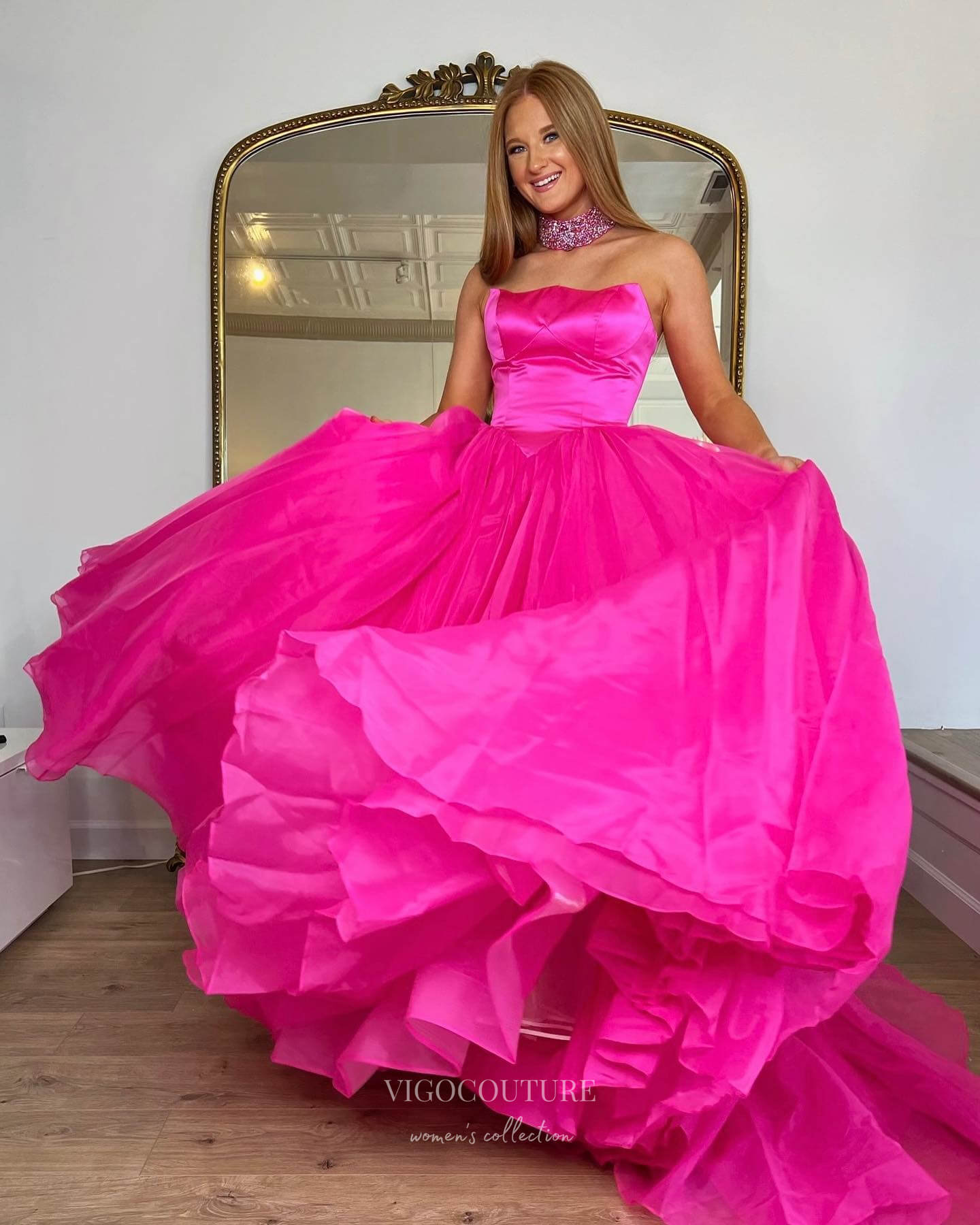 Fuchsia Strapless Prom Dresses Shimmering Tulle Formal Dress 24027 Custom Colors / US6 Fuchsia Strapless Prom Dresses Shimmering Tulle Formal Dress 24027 Custom Colors / US6