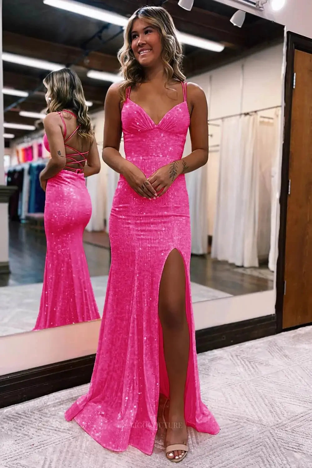 dress to impress mermaid Glitter Prom with Lace-Up Back & High Slit – 26100 – vigocouture Primavera Couture 3761 Emerald Hanfu Robe size:30 Women's Floral Maxi Dress