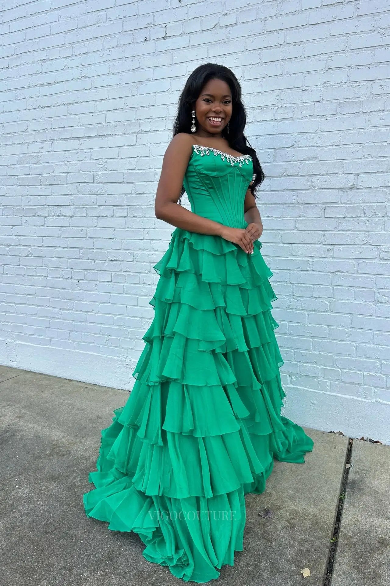 Tiered Ruffle Prom Dress with Beaded Corset and Slit – 26159 – vigocouture