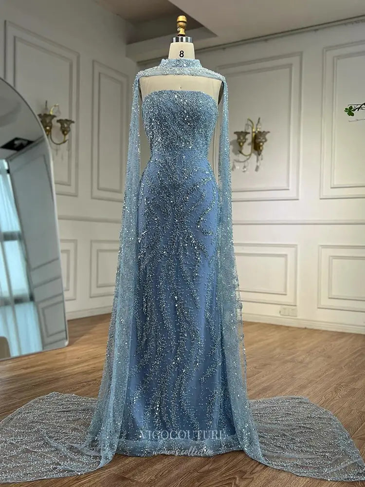 High Neck Glitter Cape Gown with Corset Back Style 25326 Blue / 6 High Neck Glitter Cape Gown with Corset Back Style 25326 Blue / 6
