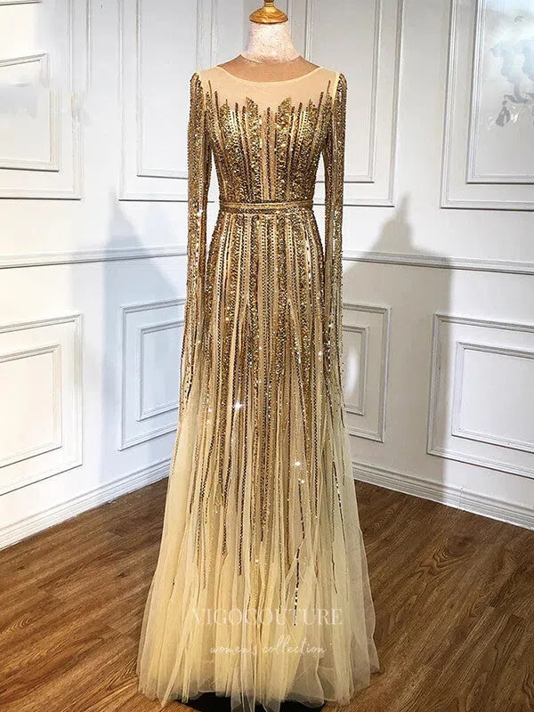 Gold Extra Long Sleeve Prom Dresses Beaded Formal Dresses 21305 vigocouture Gold Extra Long Sleeve Prom Dresses Beaded Formal Dresses 21305 vigocouture
