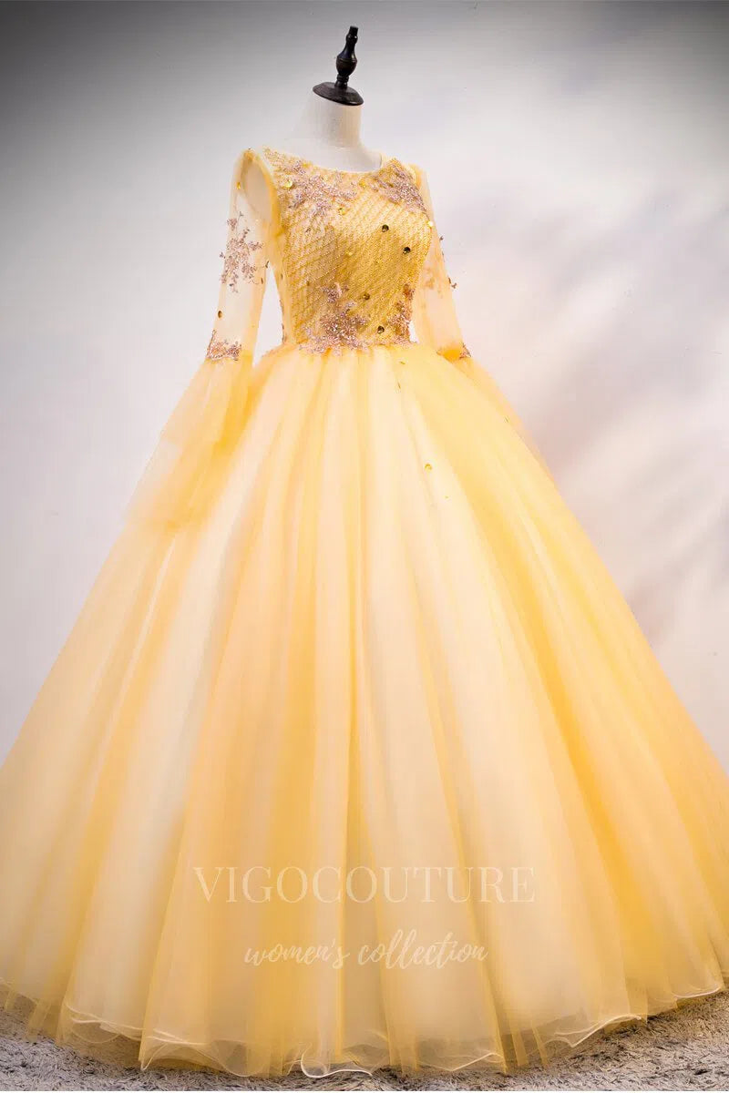 Gold Long Sleeve Quinceaera Dresses Lace Applique Ball Gown 20462 Gold / US14 Gold Long Sleeve Quinceaera Dresses Lace Applique Ball Gown 20462 Gold / US14