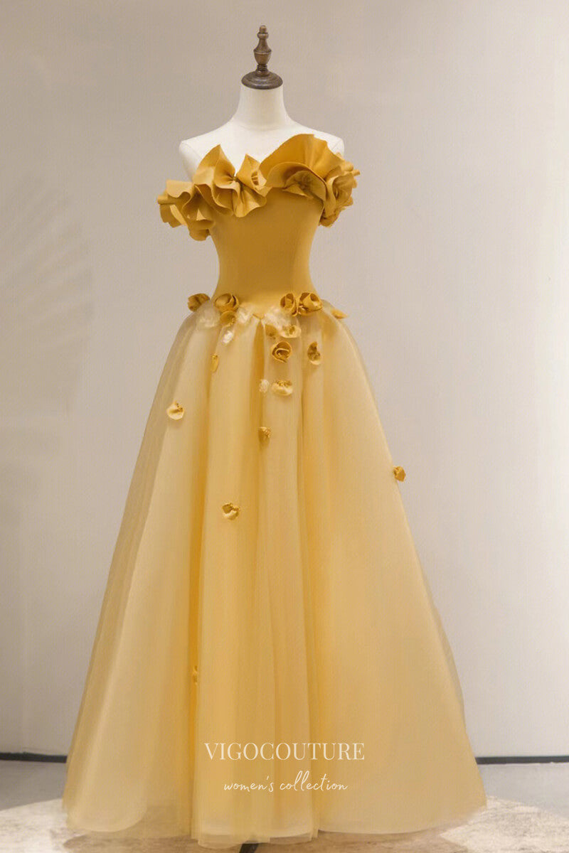 Strapless Yellow Floral Long Prom Dresses, Strapless Yellow Long Formal Evening Dresses, US 12 / Yellow as Pics / No Rush Strapless Yellow Floral Long Prom Dresses, Strapless Yellow Long Formal Evening Dresses, US 12 / Yellow as Pics / No Rush
