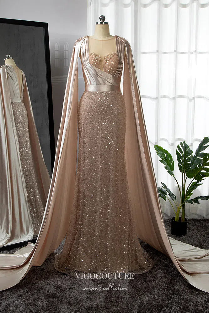 Gorgeous Pink Beaded Mermaid Prom Dress with Removable Cape Sleeve 222 vigocouture Gorgeous Pink Beaded Mermaid Prom Dress with Removable Cape Sleeve 222 vigocouture