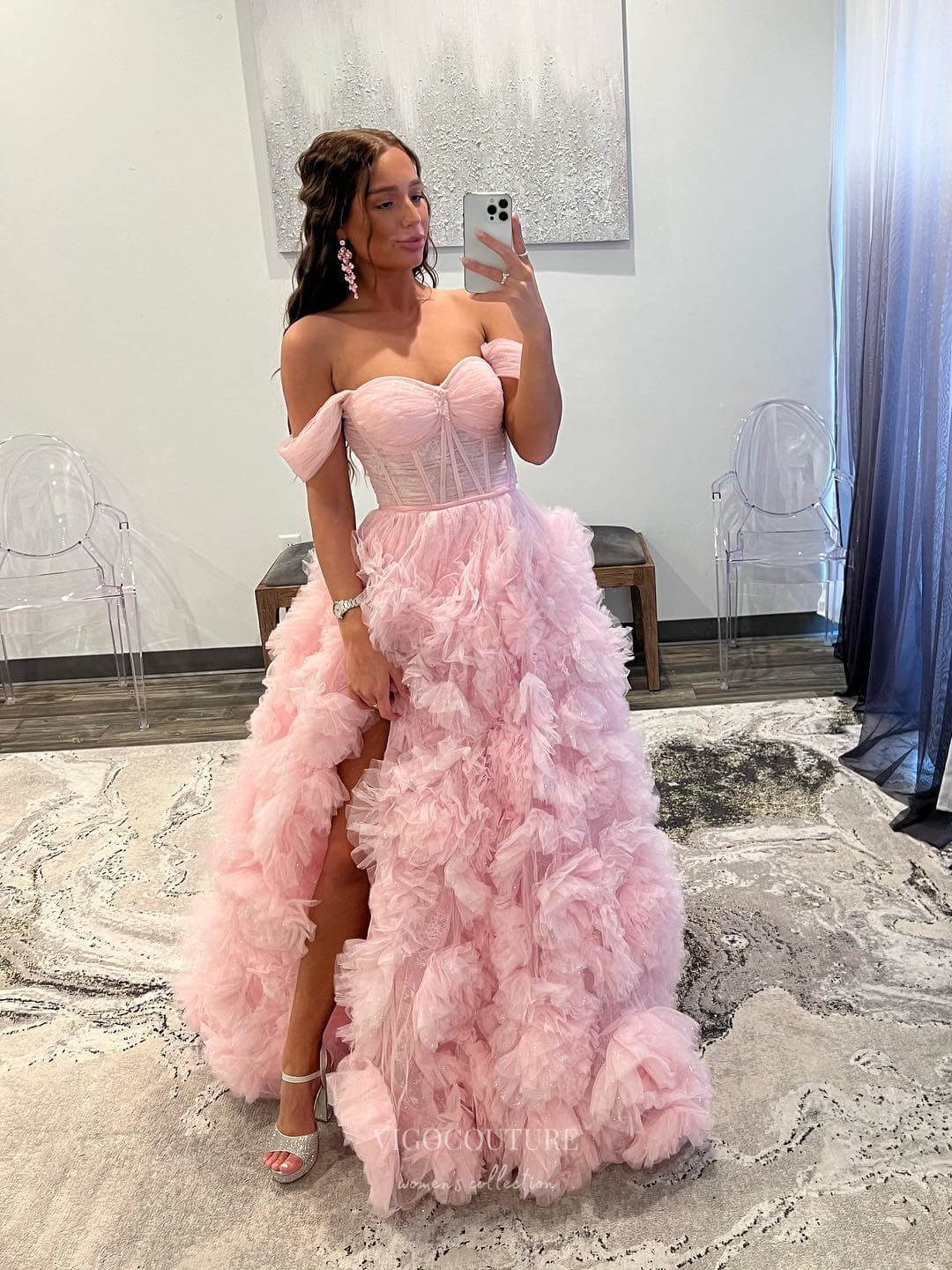 Gorgeous Ruffled Prom Dresses with Slit Off the Shoulder Tiered Formal vigocouture Gorgeous Ruffled Prom Dresses with Slit Off the Shoulder Tiered Formal vigocouture