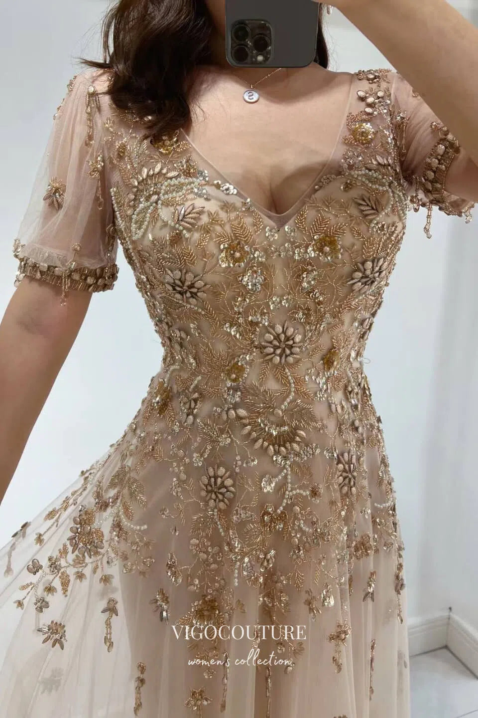 Prom Dress 2025 Graceful Champagne Beaded Prom Dress with Short Sleeve and V-Neck 22250-unique elegant Prom Dresses-Champagne-US2-vigocouture