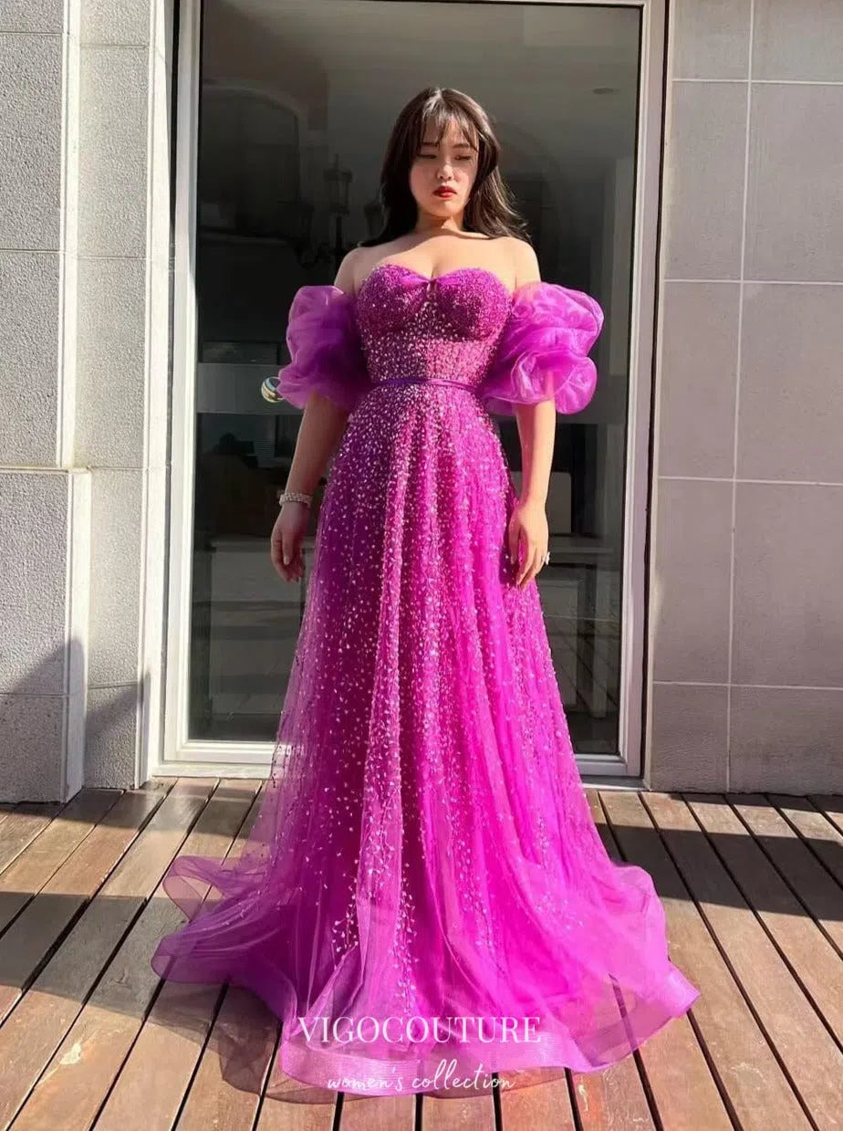 Graceful Magenta Beaded Prom Dress with Puffed Sleeve and Sweetheart N vigocouture Graceful Magenta Beaded Prom Dress with Puffed Sleeve and Sweetheart N vigocouture