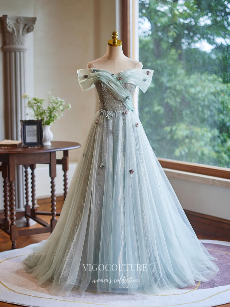 Green Beaded Lace Floral Prom Dresses Off the Shoulder Formal Gown 245 vigocouture Green Beaded Lace Floral Prom Dresses Off the Shoulder Formal Gown 245 vigocouture