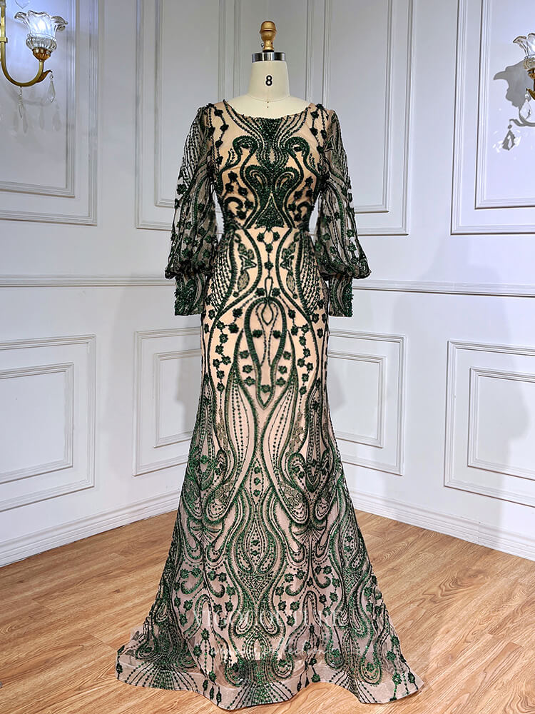 Green Beaded Lace Prom Dresses Long Sleeve Mermaid Mother of the Bride Dresses 22097 - Green / US10 Green Beaded Lace Prom Dresses Long Sleeve Mermaid Mother of the Bride Dresses 22097 - Green / US10
