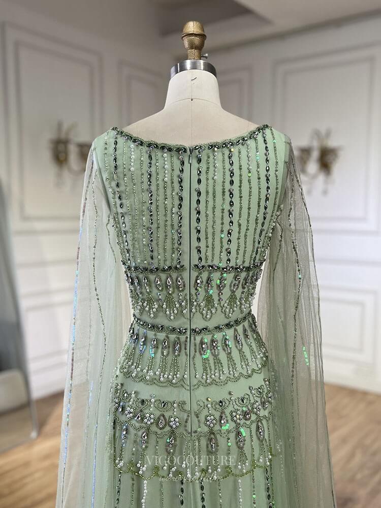 Prom Dress 2025 Green Beaded Pageant Dresses Extra Long Sleeve Square Neck Evening Dress 25029-unique elegant Prom Dresses-Green-US2-vigocouture