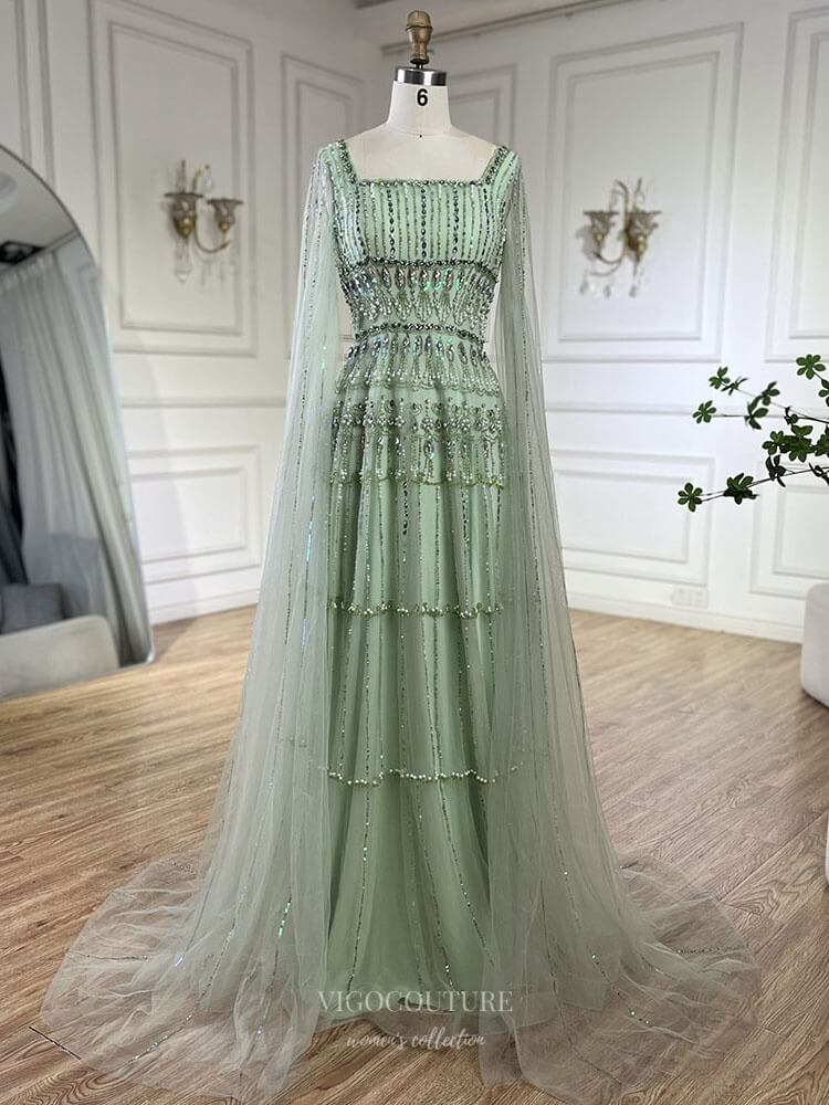 Green Beaded Pageant Dresses Extra Long Sleeve Square Neck Evening Dress 25029 Green / US10 Green Beaded Pageant Dresses Extra Long Sleeve Square Neck Evening Dress 25029 Green / US10