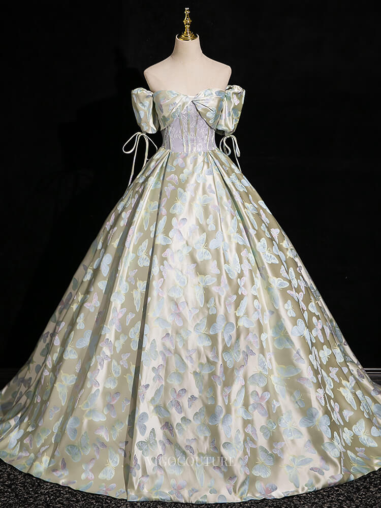 Green Butterfly Satin Prom Dresses with Puffed Sleeve, Off the Shoulder Quinceanera Dresses BG004 Custom Colors / 18W Green Butterfly Satin Prom Dresses with Puffed Sleeve, Off the Shoulder Quinceanera Dresses BG004 Custom Colors / 18W