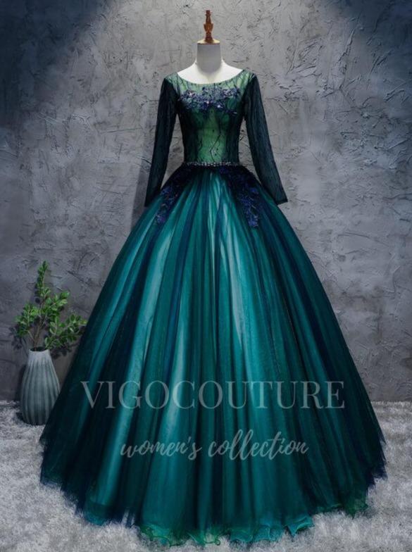 Green Long Sleeve Quinceaera Dresses Lace Applique Ball Gown 20434 Custom Colors / US16 Green Long Sleeve Quinceaera Dresses Lace Applique Ball Gown 20434 Custom Colors / US16