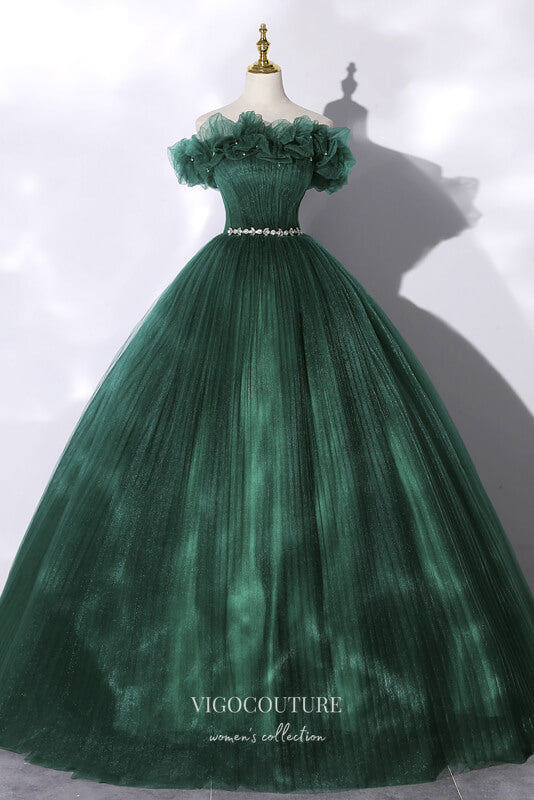 Green Off the Shoulder Prom Dress with Pleated Tulle 22344 vigocouture Green Off the Shoulder Prom Dress with Pleated Tulle 22344 vigocouture